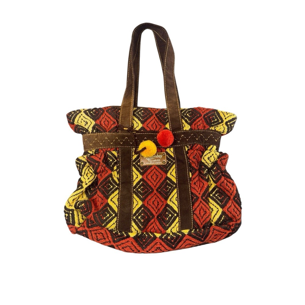UNIONBAY Woven Tote Bag Brown Red Yellow Geometric Boho Pom Pom Handbag NWT